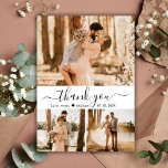 Elegant 3 Photo Collage Typography Script Wedding  Thank You Card<br><div class="desc">Modern Minimalist Elegant Script 3 Photo Collage Wedding Thank You Card. Stylish wedding thank you card template featuring 3 photo on the front and 1 photo on the back. With the text „Thank You” in a swirly hand lettering calligraphy or typography script font with swash tail and little love heart...</div>
