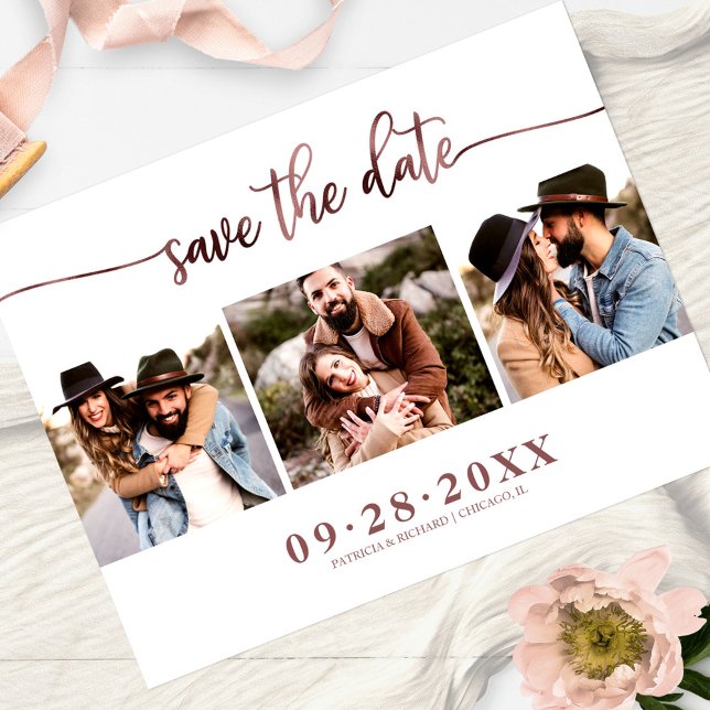 Elegant 3 Photo Collage Wedding Save The Date Postcard (Creator Uploaded)
