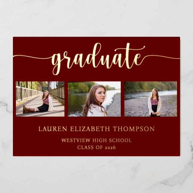 Elegant 3 Photo Graduation Red Gold (Front)