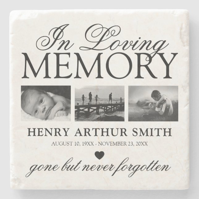 Elegant 3 Photo In Loving Memory Stone Coaster (Front)