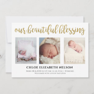 Elegant 3 photo Our Beautiful Blessing Gold Simple Announcement