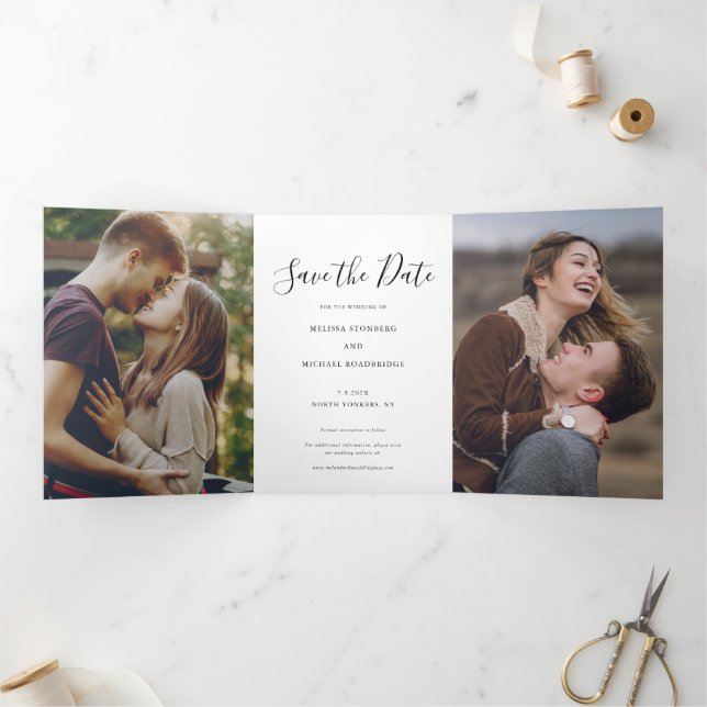 Elegant 3 Photo Script Wedding Save the Date Tri-Fold Announcement (Inside)