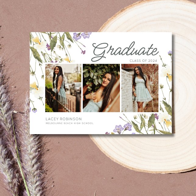 Elegant 3 Photo Wildflower High School Graduation  Announcement (Elegant 3 Photo Wildflower High School Graduation)