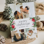 Elegant 3 Photo Winter Botanical Merry Christmas Holiday Card<br><div class="desc">This collection features watercolor red florals,  berries & winter greenery with modern & elegant typography,  with a winter botanical pattern back.</div>