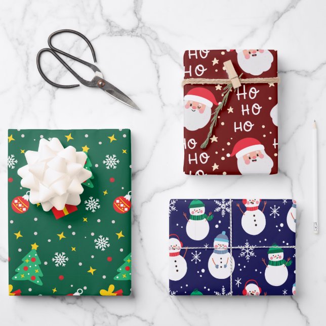 Elegant 3 Santa with Snow Man Background Pretty  Wrapping Paper Sheet (Front)