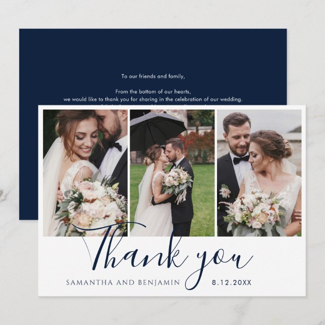 Elegant 3 Wedding Photos Script Thank You Card (Front/Back)