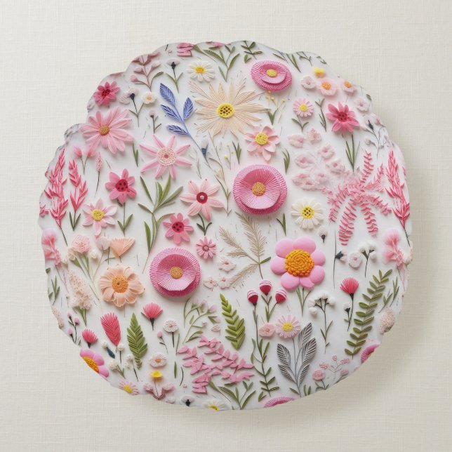 Elegant 3D Pink Flowers Trendy Modern Chic Round Pillow (Front)