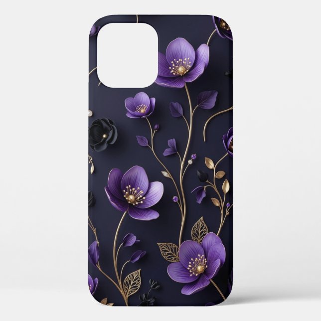 Elegant 3D Purple & Gold Floral Botanical Pattern  Case-Mate iPhone Case (Back)