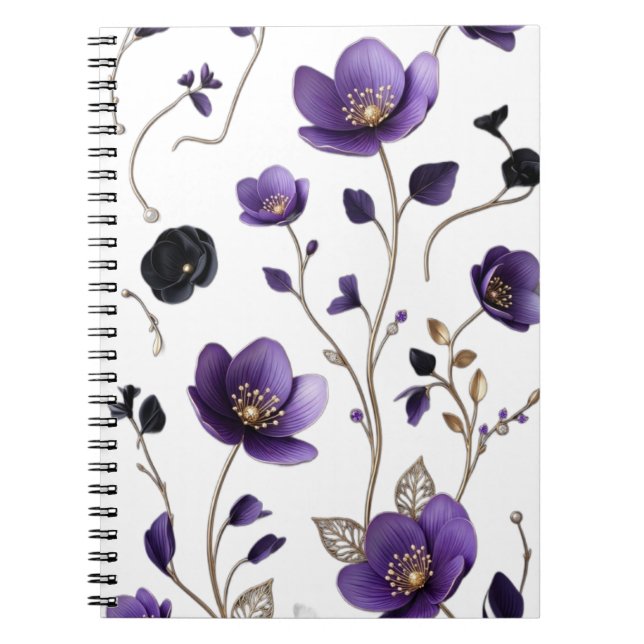 Elegant 3D Purple & Gold Floral Botanical Pattern  Notebook (Front)