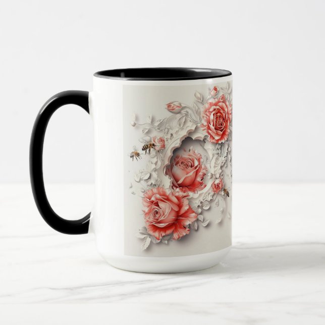 Elegant 3D Roses, Bees & Botanical Beauty Mug (Left)