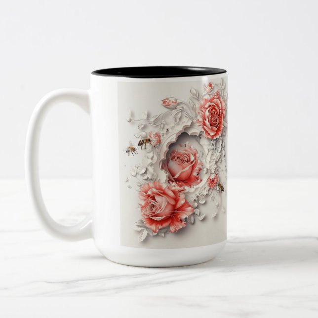Elegant 3D Roses, Bees & Botanical Beauty Two-Tone Coffee Mug (Left)