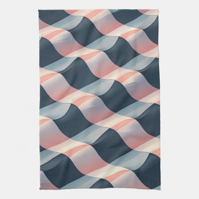 Elegant 3D Wave Pattern in Teal, Rose, and Cream Kitchen Towel (Vertical)