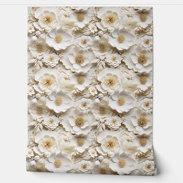 Elegant 3d white and gold flowers spring floral wallpaper (Unrolling)