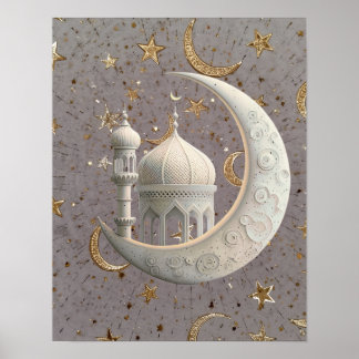 Elegant 3D White Crescent & Mosque Ramadan Design Poster