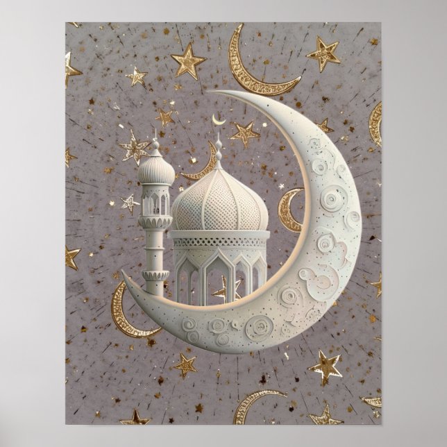 Elegant 3D White Crescent & Mosque Ramadan Design Poster (Front)