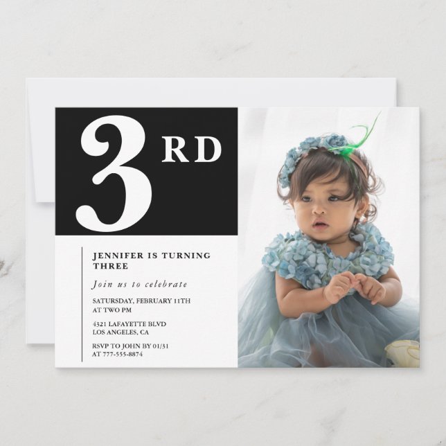 Elegant 3rd birthday invitation Black Chic Photo (Front)