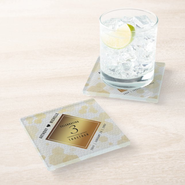 Elegant 3rd Leather Wedding Anniversary Glass Coaster (Angled)