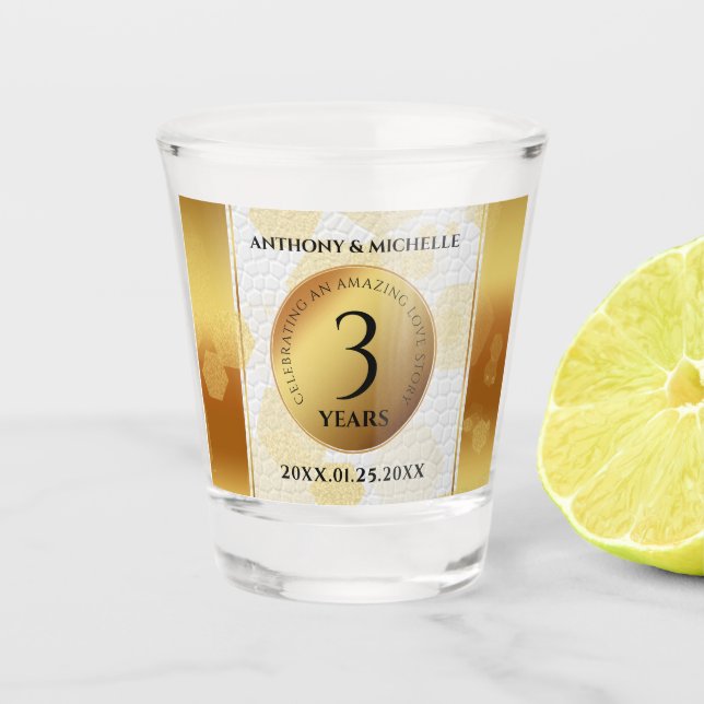 Elegant 3rd Leather Wedding Anniversary Shot Glass (Front)