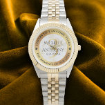 Elegant 3rd Leather Wedding Anniversary Watch<br><div class="desc">Celebrate their 3rd leather wedding anniversary with this commemorative pocket watch! Elegant black lettering with gold-dusted hexagonal confetti on a luxurious white leather background bordered by gold foil add a memorable touch for this special occasion and milestone. Customize with couple's names, anniversary date, and up to 2 lines of messaging....</div>