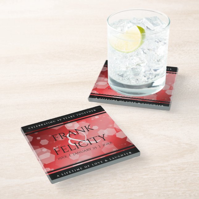 Elegant 40th 80th Ruby Wedding Anniversary Glass Coaster (Angled)