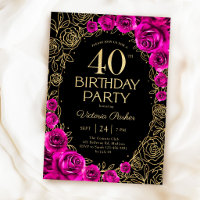 Elegant 40th Birthday Fuchsia Pink Black & Gold