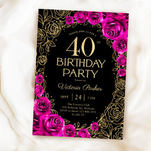 Elegant 40th Birthday Fuchsia Pink Black & Gold Invitation