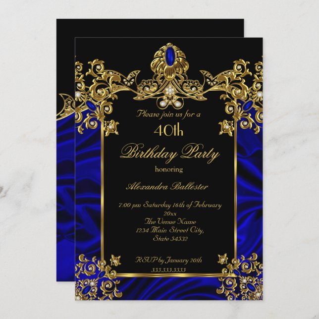 Elegant 40th Birthday Party Silk Royal Blue Gold Invitation (Front/Back)