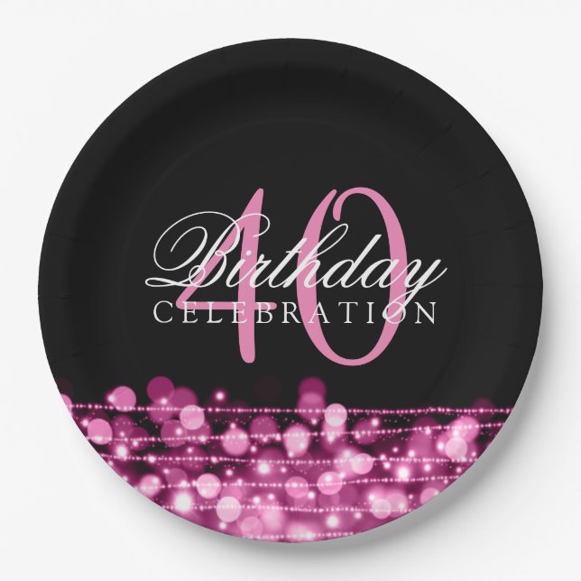 Elegant 40th Birthday Party Sparkles Pink Paper Plate (Front)