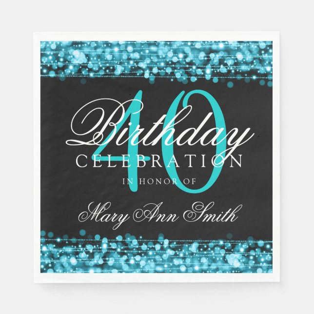 Elegant 40th Birthday Party Sparkles Turquoise Napkin (Front)