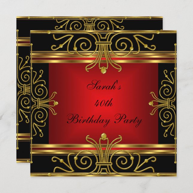 Elegant 40th Birthday Red Black Gold Art Deco 2 Invitation (Front/Back)