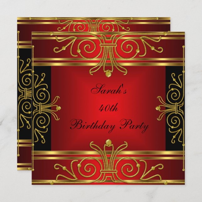 Elegant 40th Birthday Red Black Gold Art Deco Invitation (Front/Back)