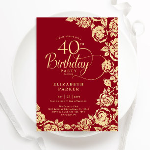 Elegant 40th Birthday Red Gold Roses Invitation