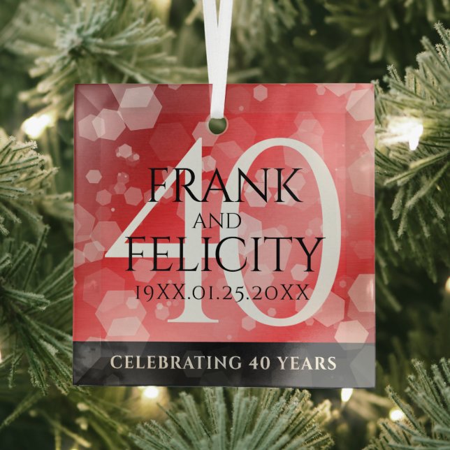 Elegant 40th Ruby Wedding Anniversary Celebration Glass Ornament (Insitu)