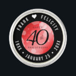 Elegant 40th Ruby Wedding Anniversary Celebration Lapel Pin<br><div class="desc">Celebrate the 40th ruby wedding anniversary in style with this commemorative lapel pin! Elegant black serif and sans serif lettering with hexagonal confetti on a ruby red background add a memorable touch for this special occasion and extraordinary milestone. Customize with the happy couple's names, and dates for their ruby anniversary....</div>