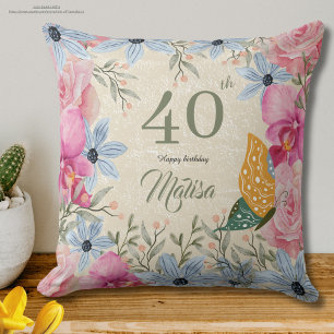 Elegant 40th Rustic watercolor floral  Throw Pillow