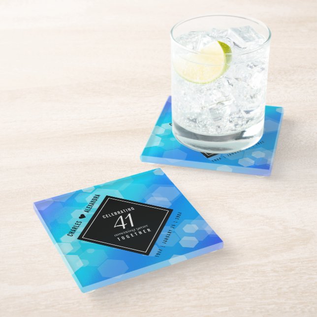 Elegant 41st Blue Topaz Wedding Anniversary Glass Coaster (Angled)