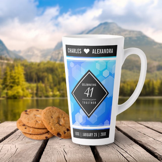 Elegant 41st Blue Topaz Wedding Anniversary Latte Mug (Elegant 41st Blue Topaz Wedding Anniversary Tall Latte Mug Cover Photo.)