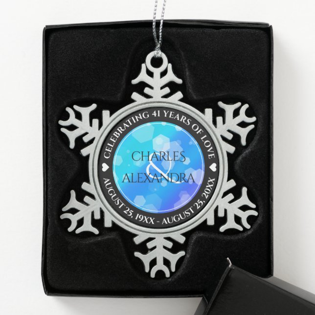 Elegant 41st Blue Topaz Wedding Anniversary Snowflake Pewter Christmas Ornament (Box)