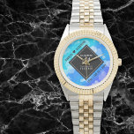 Elegant 41st Blue Topaz Wedding Anniversary Watch<br><div class="desc">Celebrate the 41st blue topaz wedding anniversary and a love that stands the test of time with this stylish watch! Elegant black and white lettering with hexagonal confetti on a cerulean blue background add a memorable touch for this special occasion and extraordinary milestone. Personalize with the couple's names and dates...</div>
