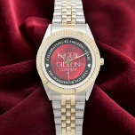 Elegant 42nd Jasper Wedding Anniversary Watch<br><div class="desc">Celebrate the 42nd wedding anniversary with this commemorative watch! Elegant white serif lettering on marbled cherry red and black backgrounds add a memorable touch for this special occasion and extraordinary milestone. Customize with the happy couple's names or initials, and a date for their jasper anniversary. Design © W.H. Sim. See...</div>