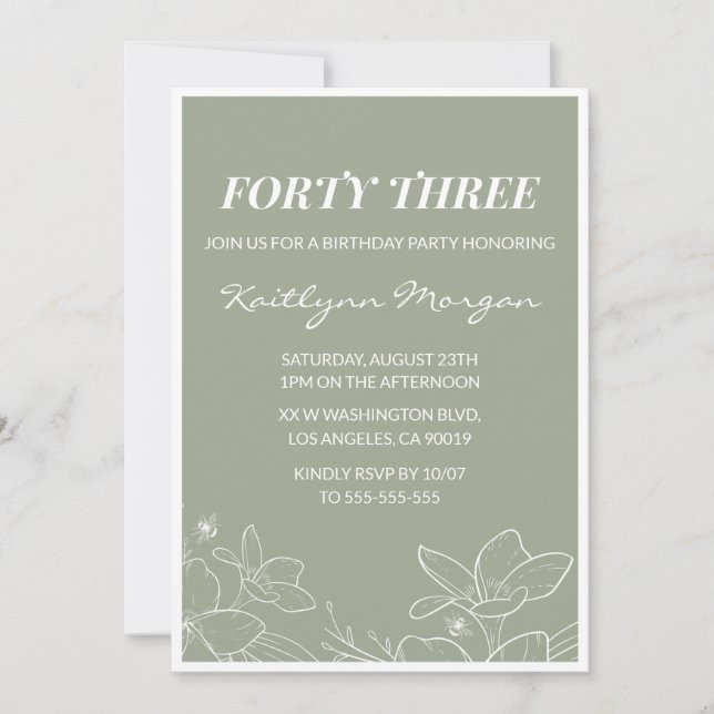 Elegant 43rd birthday invitations Floral Green (Front)