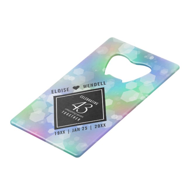 Elegant 43rd Opal Wedding Anniversary Celebration Credit Card Bottle Opener (Front Angled)