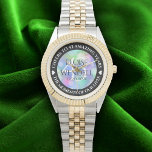 Elegant 43rd Opal Wedding Anniversary Celebration Watch<br><div class="desc">Celebrate the 43rd opal wedding anniversary with this commemorative watch! Elegant lettering with hexagonal confetti on an iridescent opal background add a memorable touch for this special occasion and extraordinary milestone. Customize with couple's names,  dates of marriage,  and congratulatory messages.

Design © W.H. Sim. See more at zazzle.com/expressionsoccasions</div>