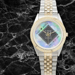 Elegant 43rd Opal Wedding Anniversary Celebration Watch<br><div class="desc">Celebrate the 43rd opal wedding anniversary and a love that stands the test of time with this stylish watch! Elegant black and white lettering with hexagonal confetti on an iridescent opal background add a memorable touch for this special occasion and extraordinary milestone. Personalize with the couple's names and dates of...</div>