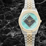 Elegant 44th Turquoise Wedding Anniversary Watch<br><div class="desc">Celebrate the 44th turquoise wedding anniversary and a love that stands the test of time with this stylish watch! Elegant black and white lettering on a yellow marble and greenish blue background add a memorable touch for this special occasion and extraordinary milestone. Personalize with the couple's names and years of...</div>