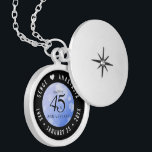 Elegant 45th Sapphire Wedding Anniversary Locket Necklace<br><div class="desc">Celebrate the 45th sapphire wedding anniversary in style with this commemorative locket! Elegant black serif and sans serif lettering with hexagonal confetti on a sapphire blue background add a memorable touch for this special occasion and extraordinary milestone. Customize with the happy couple's names, and add a date for their sapphire...</div>