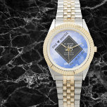 Elegant 45th Sapphire Wedding Anniversary Watch<br><div class="desc">Celebrate the 45th sapphire wedding anniversary and a love that stands the test of time with this stylish watch! Elegant black and white lettering with hexagonal confetti on a sapphire blue background add a memorable touch for this special occasion and extraordinary milestone. Personalize with the couple's names and dates of...</div>