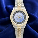 Elegant 45th Sapphire Wedding Anniversary Watch<br><div class="desc">Celebrate the 45th sapphire wedding anniversary with this commemorative watch! Elegant lettering with hexagonal confetti on a sapphire blue background add a memorable touch for this special occasion and extraordinary milestone. Customize with couple's names,  dates of marriage,  and congratulatory messages.

Design © W.H. Sim. See more at zazzle.com/expressionsoccasions</div>