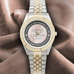 Elegant 46th Pearl Wedding Anniversary Celebration Watch<br><div class="desc">Celebrate the 46th pearl wedding anniversary with this commemorative watch! Elegant lettering with pearls on a pearlescent pink background add a memorable touch for this special occasion and extraordinary milestone. Customize with couple's names,  dates of marriage,  and congratulatory messages.

Design © W.H. Sim. See more at zazzle.com/expressionsoccasions</div>
