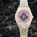 Elegant 48th Amethyst Wedding Anniversary Watch<br><div class="desc">Celebrate the 48th amethyst wedding anniversary and a love that stands the test of time with this stylish watch! Elegant black and white lettering with gold-dusted hexagonal confetti on an amethyst purple background add a memorable touch for this special occasion and extraordinary milestone. Personalize with the couple's names and dates...</div>